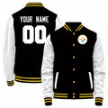 Custom P.Steelers Black-White Bomber Full-Snap Varsity Letterman Jacket